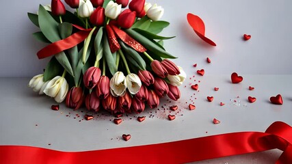 Bouquet of Red and White Tulips Tied with a Ribbon, Surrounded by Heart-Shaped Confetti on a Light Background

