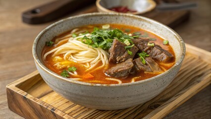 Savory beef noodle soup presented in a rustic bowl garnished with fresh herbs and vegetables for a hearty meal