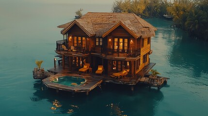 Obraz premium Luxurious overwater bungalow with private pool at sunset.
