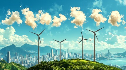Sustainable energy solutions urban skyline nature landscape wind turbines bright day green innovation