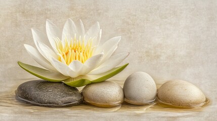 Fototapeta premium Serene White Water Lily Floating on Smooth Stones Zen Garden Still Life