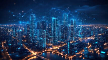 Fototapeta premium Futuristic Cityscape at Night with Digital Connections and Illuminated Buildings View from Above