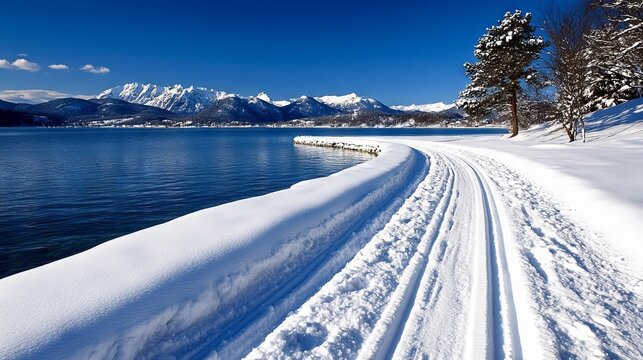 A snow covered road next to a body of water with mountains in the background