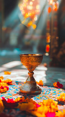 Ancient Persian Banquet Scene with Ornate Goblet and Petals. Concept of cultural celebration, traditional heritage, historical ambiance. Purim. Vertical