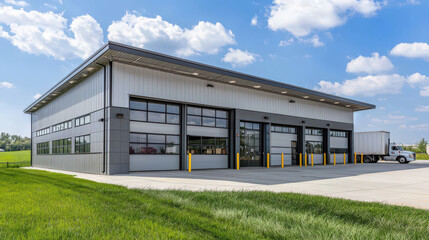 Obraz premium Modern Industrial Warehouse Exterior with Large Windows Under Blue Sky and Bright Clouds Surrounded by Lush Green Grass and Open Space