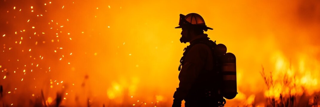 Silhouette of courageous firefighter wearing protective gear and oxygen tank, standing amidst raging wildfire with flying sparks, demonstrating bravery and dedication in hazardous conditions