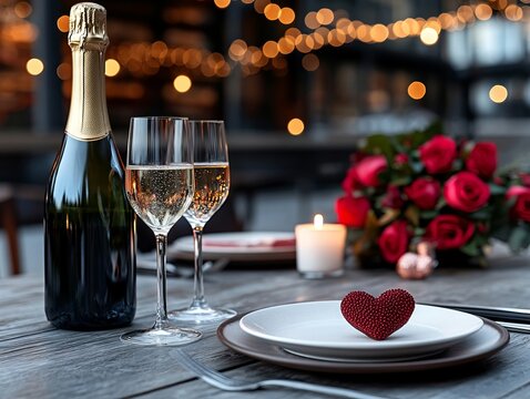 A bottle of champagne and two glasses of wine on a table with a heart shaped plate