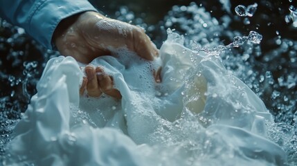 Fototapeta premium Hands Washing White Fabric in Bubbling Water with Soapy Bubbles Surrounding the Cloth in Close-up View