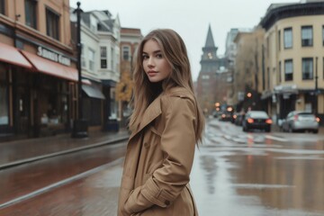 Fototapeta premium Fashion model wearing a stylish trench coat, posing confidently on a rainy city street, embodying urban elegance and autumn vibes