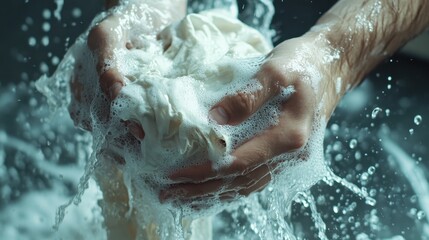 Fototapeta premium Hands Washing a Cloth in Soapy Water with Bubbles and Splashes in a Close-Up View