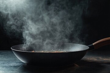 Hot frying pan with smoke coming out on dark background