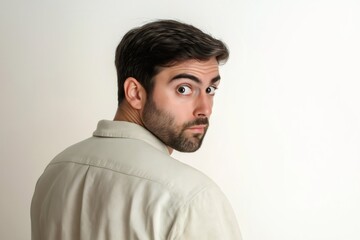 Portrait of a young man glancing over his shoulder with a suspicious expression, set against a clean white background