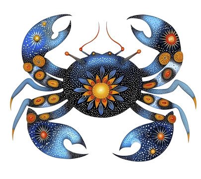 Zodiac symbol of cancer decorated with cosmic motifs isolated on transparent background