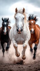 Obraz premium Three horses running in the sand