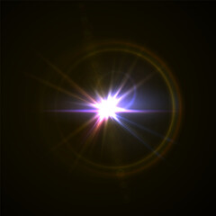 Light flare, shine flash sparkle or star glow ray or beam, realistic vector sunlight. Light glare with blur or bokeh flare effect background, shiny spark or bright starlight with lens flare effect