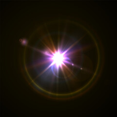 Rainbow Crystal Star Effects: Optical Light Rays with Red, Yellow, and Blue Glows. Sunlight Reflections and Lens Glare Sparkles for Creative and Artistic Vector Design