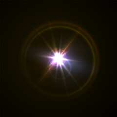 Light flare, shine flash sparkle or star glow ray or beam, realistic vector sunlight. Light glare with blur or bokeh flare effect background, shiny spark or bright starlight with lens flare effect