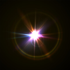 Flash Light Star Effects: Sunny Sparkles, Flash Beams, and Abstract Lens Glows with Bokeh and Dust. Isolated Lighting Elements for Vector Illustrations and Design Concepts
