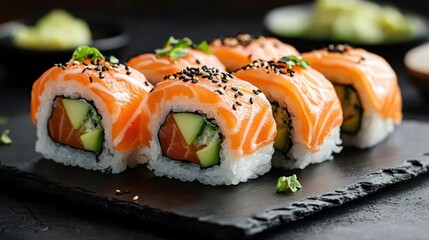 Fresh sushi rolls with salmon and cucumber arranged on a dark slate plate, garnished with herbs