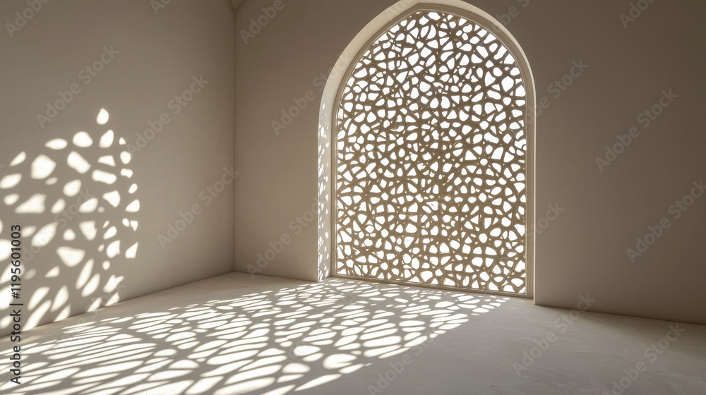 Poster sunlight casting intricate patterns through historic persian motif screen. concept of architectural 