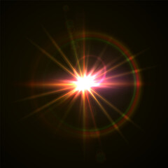 Rainbow Crystal Star Effects: Optical Light Rays with Red, Yellow, and Blue Glows. Sunlight Reflections and Lens Glare Sparkles for Creative and Artistic Vector Design