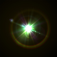 Light flare, shine flash sparkle or star glow ray or beam, realistic vector sunlight. Light glare with blur or bokeh flare effect background, shiny spark or bright starlight with lens flare effect