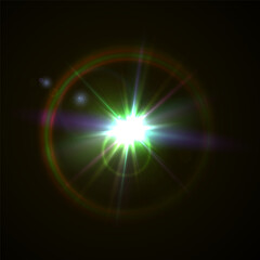 Light flare, shine flash sparkle or star glow ray or beam, realistic vector sunlight. Light glare with blur or bokeh flare effect background, shiny spark or bright starlight with lens flare effect