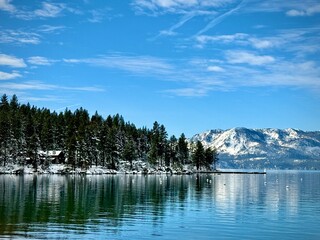 Lake Tahoe Cabin and Wintery Mountain Backdrop