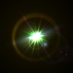 Light flare, shine flash sparkle or star glow ray or beam, realistic vector sunlight. Light glare with blur or bokeh flare effect background, shiny spark or bright starlight with lens flare effect