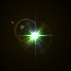 Rainbow Crystal Star Effects: Optical Light Rays with Red, Yellow, and Blue Glows. Sunlight Reflections and Lens Glare Sparkles for Creative and Artistic Vector Design