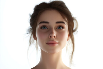 Fototapeta premium Realistic 3D rendered portrait of a young woman with soft features and light blue eyes, conveying a sense of love and happiness