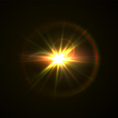 Flash Light Star Effects: Sunny Sparkles, Flash Beams, and Abstract Lens Glows with Bokeh and Dust. Isolated Lighting Elements for Vector Illustrations and Design Concepts