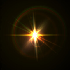Flash Light Star Effects: Sunny Sparkles, Flash Beams, and Abstract Lens Glows with Bokeh and Dust. Isolated Lighting Elements for Vector Illustrations and Design Concepts