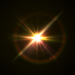 Fototapeta premium Rainbow Crystal Star Effects: Optical Light Rays with Red, Yellow, and Blue Glows. Sunlight Reflections and Lens Glare Sparkles for Creative and Artistic Vector Design