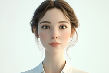 Realistic 3d of a beautiful woman with tied hair and loving gaze wearing a white shirt on a light background