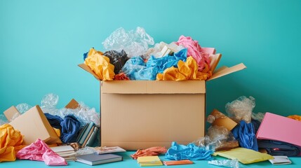 Colorful Mess of Crumpled Paper and Packing Material in a Cardboard Box on a Bright Background