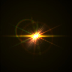 Obraz premium Flash Light Star Effects: Sunny Sparkles, Flash Beams, and Abstract Lens Glows with Bokeh and Dust. Isolated Lighting Elements for Vector Illustrations and Design Concepts