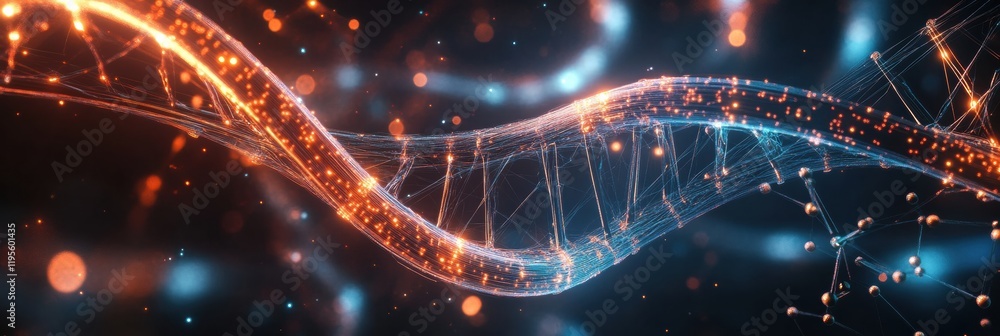 Poster glowing dna double helix structures surrounded by molecular connections in a digital environment sho