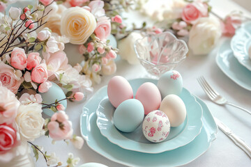 Fototapeta premium Easter brunch table with pastel-colored eggs, floral decorations, and light spring colors.