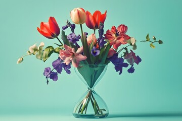 Obraz premium Colorful spring flowers arranged beautifully in a unique glass vase against a teal background
