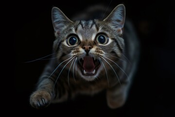 European shorthair cat jumping and meowing with wide open eyes and extended claws on black background