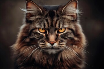 Fototapeta premium Close up of a Maine coon cat staring intensely with bright amber eyes, creating a captivating and powerful image