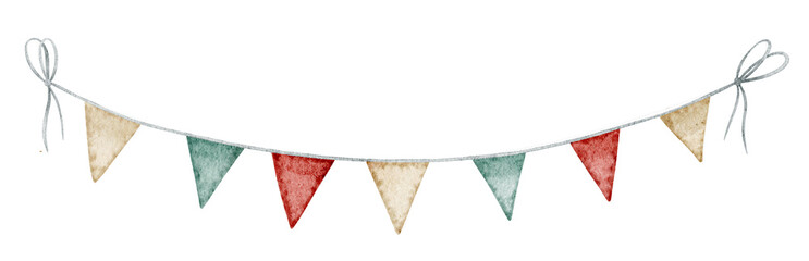 Colorful Circus Garland with triangular Flags in watercolor style. illustration of Garlands for childish party celebrations. Drawing of Carnival vintage bunting for greeting cards or baby invitations. © Alisles