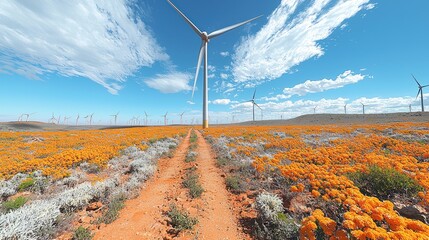 Orange Flower Fields and Wind Turbines: A Stunning Landscape of Renewable Energy