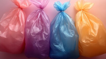 Colorful Plastic Trash Bags in Shades of Pink, Blue, Purple, and Orange Neatly Arranged against a Soft Gradient Background for Waste Disposal and Recycling Concepts