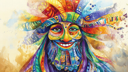 Fototapeta premium Vibrant Watercolor Illustration of a Colorful Masked Figure Celebrating Cultural Festivity. Concept of joyous celebration, colorful art, cultural traditions. Purim