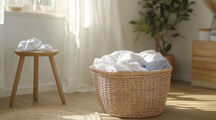 Cozy Home Interior with Laundry Basket and Freshly Washed Towels in Bright and Airy Living Space