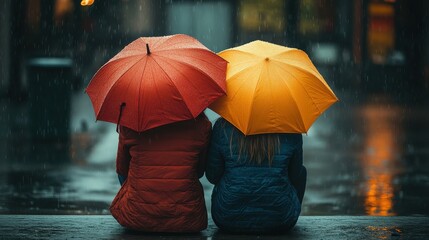 Two Women Sitting Together Under Red and Yellow Umbrellas in a Rainy Urban Setting