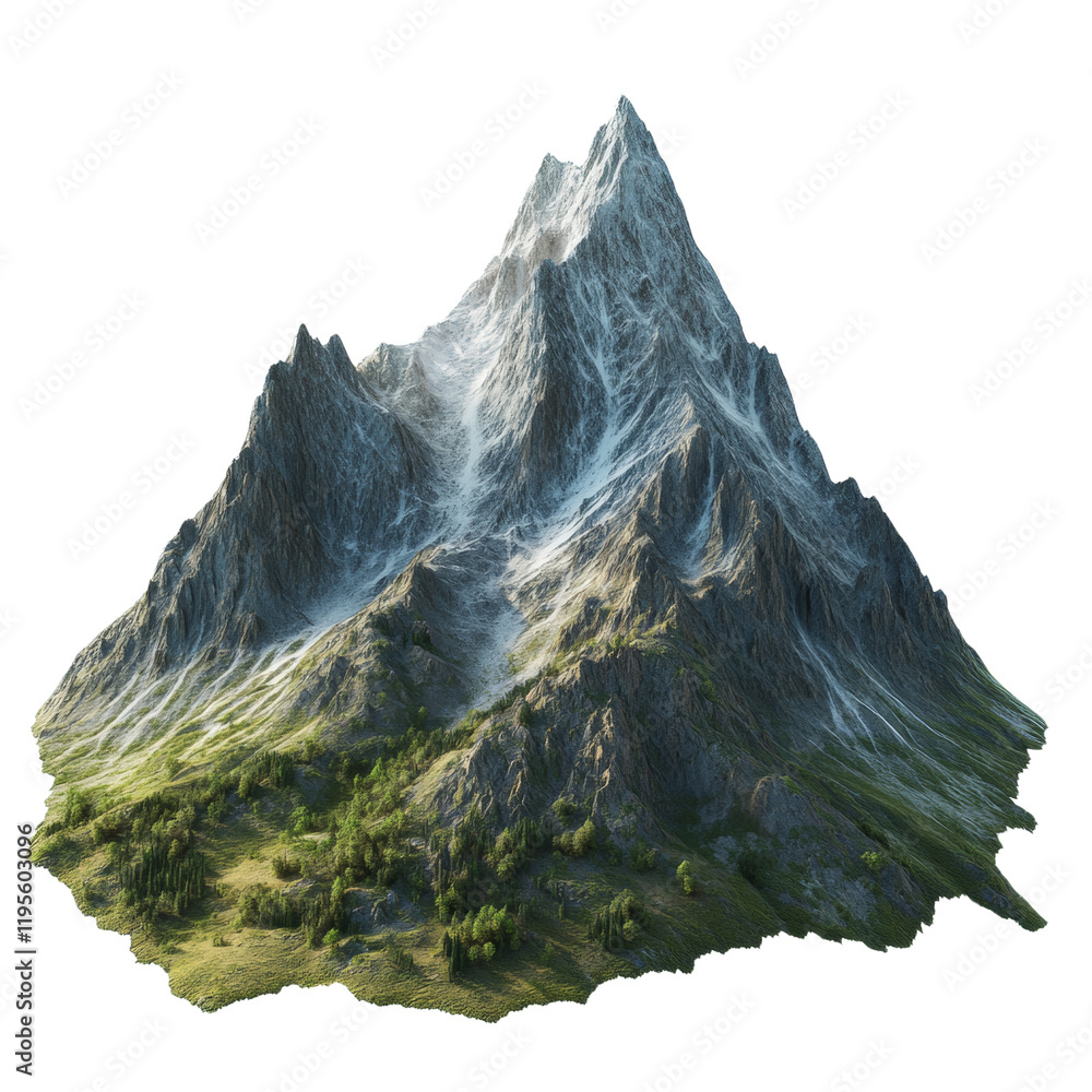 Poster a digitally rendered image showcases an isolated snow-capped mountain with a lush green base featuri