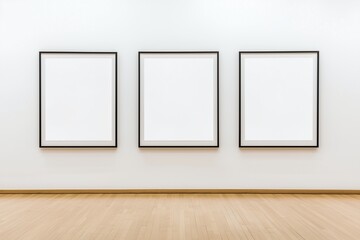 Minimalist gallery, four frames against a white wall, wooden floor adding warmth.